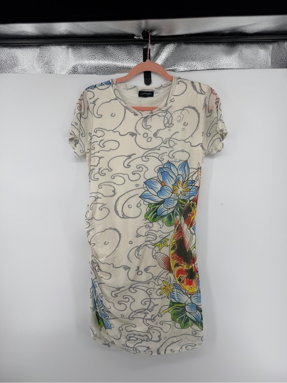 Ed Hardy Y2K Festival Streetwear Cream Tee Dress w/Gray Tattoo-Style Print SzL